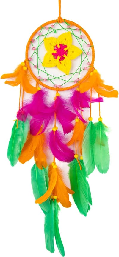 KIMU® Dromenvanger Bloem Oranje Roze Groen Geel - Dreamcatcher Veren Macramé - Bohemian Ibiza Kinderen Boho Babykamer Buiten Kado Meisjeskamer Veertjes Festival