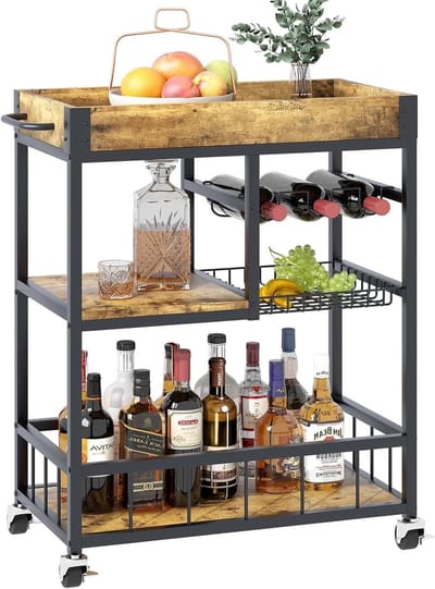 Servicetrolley met wijnrek, multifunctionele keukentrolley, rolkar voor dranken en snacks, ideaal voor woonkamer en feestjes, bruin houtlook