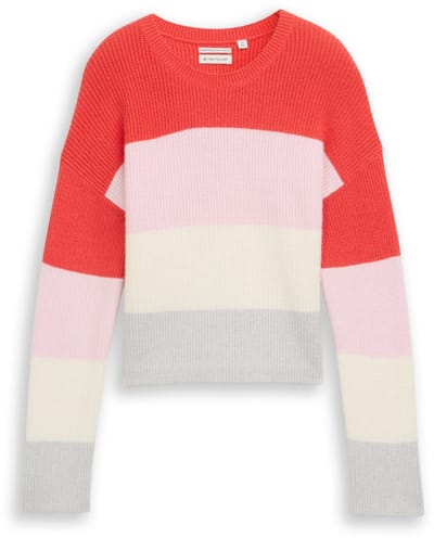 Tom Tailor - Gebreide trui met korte mouwen en kleurblokjes - Maat 152 - red bold block stripe