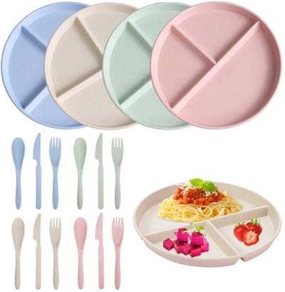 Set van 4 gedeelde platte borden, 4 stuks gedeelde borden met onderverdeling, gedeelde platte borden, sets met 3 vakken, borden en 4 stuks bestekset voor volwassenen en kinderen, school, kantoor,
