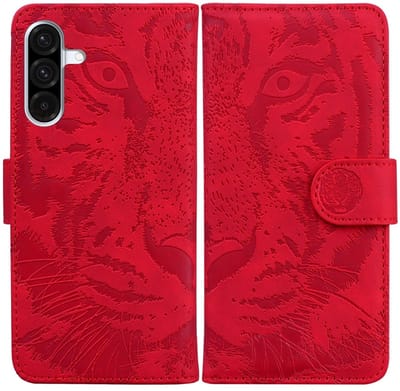 BoekCover Etui Hoes geschikt voor Samsung Galaxy A37 - A36 - A56 - Rood - Tijger in Reliëf