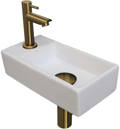 INK - Fonteinpack Porselein Links incl. Fonteinkraan - Design Sifon - Design Plug en Montageset - 360x180x90 Mm - Mat Wit/brushed Mat Goud