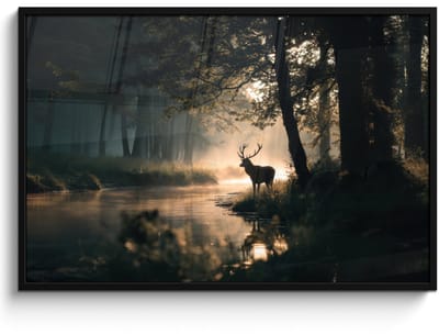 Poster in lijst - Fotolijst 120x80 cm - Posters - Hert - Bosbeek - Mystiek - Posterlijst zwart - Decoratie - Wanddecoratie woonkamer - Muurdecoratie slaapkamer