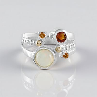 Cavill - Zilveren ring met Welo-opaal 0,507 ct & citrien accenten - 925 Sterling Zilver - 14K Goud granulaties - Ronde cabochon ring met edelstenen