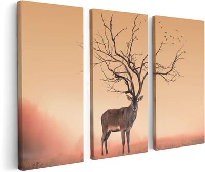 Artaza Canvas Schilderij Drieluik Hert Met Een Bomen Gewei - 120x80 - Foto Op Canvas - Canvas Print