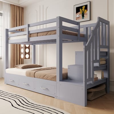 HAUSS SPOLE Stapelbed 90x200cm - Zonder matras - Uitschuifbed 90 Naar 180x190cm - Met 3 Laden En Opbergladder - Houten Bed - Grijs