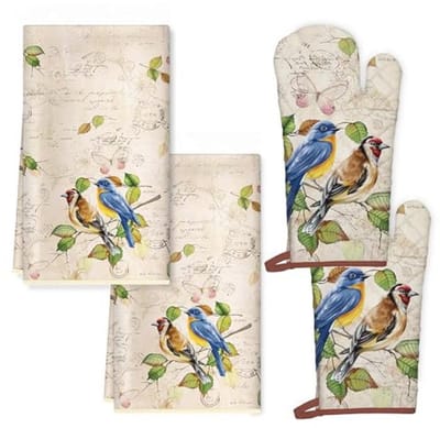 Vintage Keukenhanddoeken en Ovenwanten Set - 4 Stuks, Zachte Absorberende Vaatdoeken en Hittebestendige Handschoenen voor Koken en Bakken