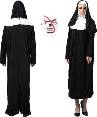Engelachtige Nonne Kostuum voor Halloween - Griezelige Non Outfit met Horror Masker voor Volwassenen en Cosplay Feestjes