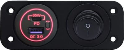ProRide 12-24V USB/USB C Autolader 2 Poorten Inbouw - 65W QC3.0 - Tuimelschakelaar - Tweevoudig Paneel - Rood