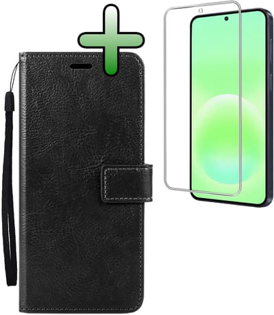 Hoesje Met Screenprotector - Geschikt voor Samsung Galaxy A57 - Luxe Pasjeshouder - Bookcase Portemonee - Flip Case - Kunstleer Book Case - Flipcase - Book Cover - Walletcase - Portemonneehoes - Zwart