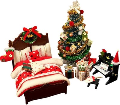 Deense mini houten kabouter, accessoires, kerstdecoratie, miniatuur poppenhuis accessoires Kerstmis, doe-het-zelf kerstmeubel, bed, kerstboom, piano, miniatuur kerstset, kerstdecoratie voor geschenken