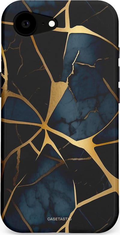 Casetastic hoesje geschikt voor Apple iPhone 16e / Apple iPhone 17e - MagSafe - Dubbellaagse bescherming - Sterrennacht Marmer Goud - Fashion Case - Zwart Goud Donkerblauw