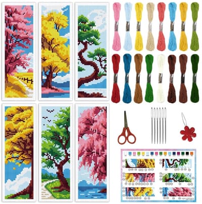 Dailygoods - INFUNLY 6 Stks/set Boom Kruissteek Bladwijzer Kit Seizoensgebonden DIY Kruissteek Bladwijzer voor Volwassen 8 "x 2.4" Vintage Borduurwerk Bladwijzer Landschap Handgemaakte Bladwijzer met Instructie