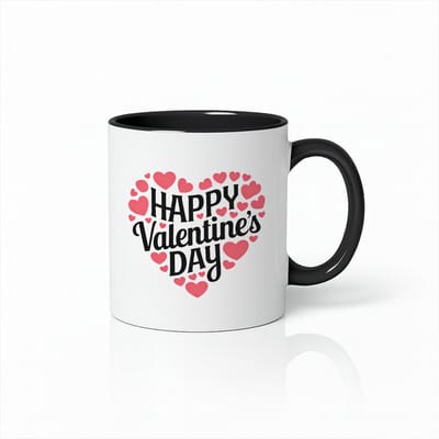 Happy Valentine’s Day Mok 330ml – Wit-Zwarte Koffiemok met Hartjes Ontwerp – Romantisch Cadeau voor Hem & Haar