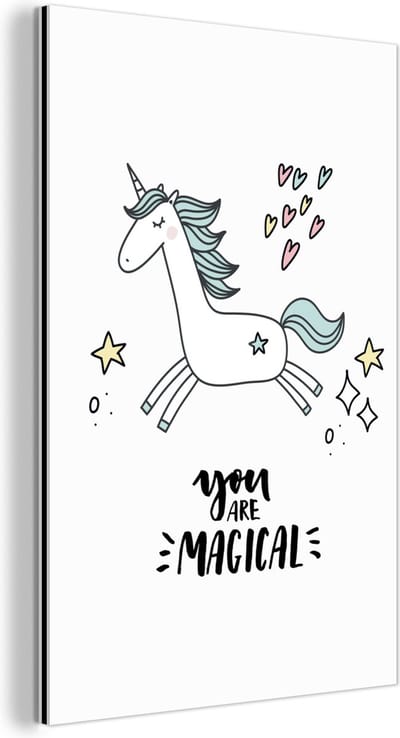 Wanddecoratie Metaal - Aluminium Schilderij Industrieel - Unicorn - Kinderen - Quotes - You are magical - Meisjes - 120x180 cm - Dibond - Foto op aluminium - Industriële muurdecoratie - Voor de woonkamer/slaapkamer