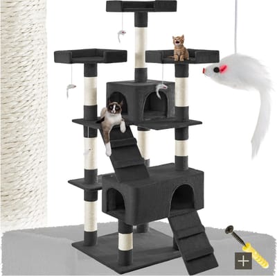 tectake® Kattenkrabpaal – 70x54x170cm Zwart – Meerdere Niveaus met 2 Huisjes, 3 Uitkijkplatforms en 4 Speelmuizen – Stevig Krabmeubel met Pluche Bekleding – Kattenkrabpaal, Kattenhuis, Kattenboom