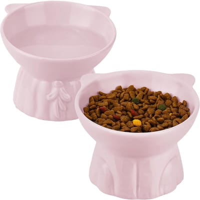 kattenbakjes, 15° kantelontwerp, oversized keramiek, verhoogde kattenvoerdispenser voor katten, geschikt voor snorren, vaatwasmachinebestendig, 2 stuks