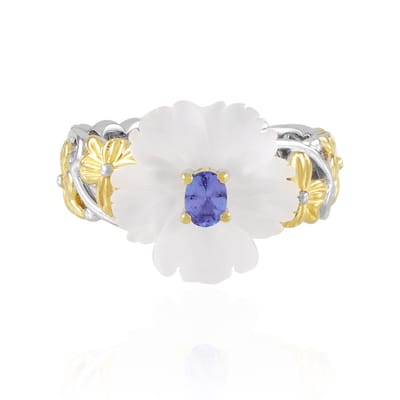Cavill - Zilveren ring 925 sterling met 2,16 ct witte kwarts en 0,18 ct ovale tanzaniet - elegante ring met bloemmotief en gouden accenten