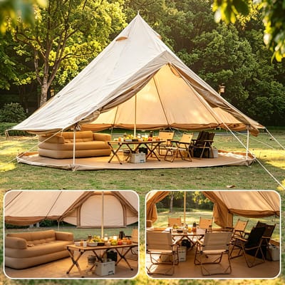 HAUSS SPOLE Tent – 400 x 400 x 250 Cm – Ruim Voor 4-8 Personen – Polyester – Beige – Vierseizoenen Kamperen Met Kacheldoorvoer