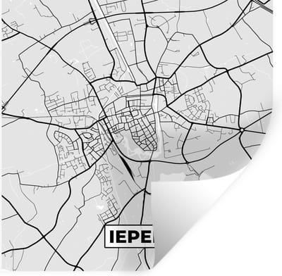 Muurstickers - Sticker Folie - Zwart Wit – België – Plattegrond – Stadskaart – Kaart – Ieper - 100x100 cm - Plakfolie - Muurstickers Kinderkamer - Zelfklevend Behang XXL - Zelfklevend behangpapier - Stickerfolie