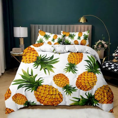 Parure de lit double blanche motif ananas, motif fruits tropicaux abstraits jaunes, housse de couette en polyester 150x200cm 3pcs