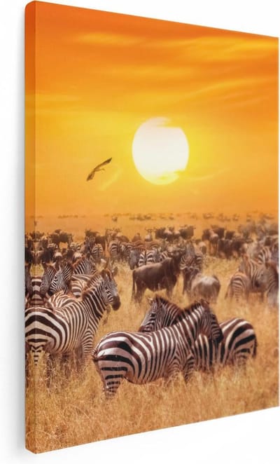 Artaza Canvas Schilderij Zebra - 60x80 cm - Wanddecoratie Afrika - Muurdecoratie Zonsondergang - Schilderijen Op Canvas Dieren