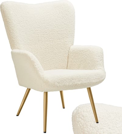 tectake® Oorfauteuil – Scandinavische Teddy Bouclé Fauteuil voor Woonkamer en Slaapkamer – Loungefauteuil met Goud Metalen Poten – Draagvermogen 150kg – Crème