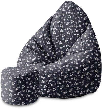 DreamRoots Velvet Zitzak voor Volwassenen – Luxe Beanbag met Voetsteun en Afneembare Hoes – Inclusief Vulling – 80x80x120 cm - Small Flowers on Dark