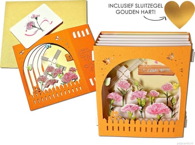 Popcards popupkaarten – Moederdag voor de liefste moeder - Mooi zacht oranje doorkijkbox I love mom, met tuintje waarin prachtige roze bloemen, anjers Moederdag pop-up kaart 3D wenskaart inclusief gouden hart sluitzegel