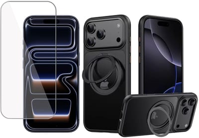 Hoesje met Ringhouder & Screenprotector geschikt voor iPhone 17 Pro - Geschikt voor MagSafe - 360° Kickstand - Gehard Glas Cover – Zwart