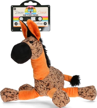 Retrodog Ezel Oranje - Honden speelgoed - Hondenknuffel met piep - Gerecycled materiaal - Maat S