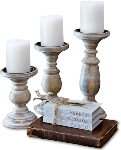 Set van 3 Houten Kandelaars voor Pijlerkaarsen - Rustiek Wit Tafeldecoratie