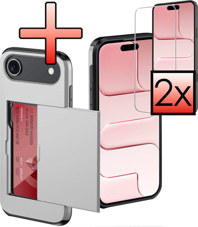 Hoes Geschikt voor iPhone Air Hoesje Pasjeshouder Hard Cover Met 2x Screenprotector Shock Proof Hard Case Hoes Met Kaarthouder - Grijs
