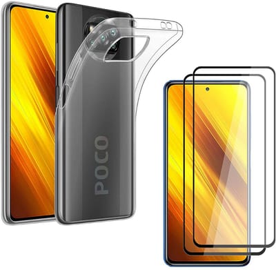 Hoesje Ultraslank geschikt voor Xiaomi Poco x3 nfc backcover siliconen Transparant en 2 stuks ScreenProtector Gehard Glas met zwarte randen
