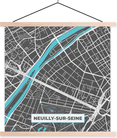 Posterhanger incl. Poster 40x40 cm - Schoolplaat - Plattegrond - Kaart - Frankrijk - Neuilly-sur-Seine - Plattegrond - Textielposter - Blanke latten - Stadskaart