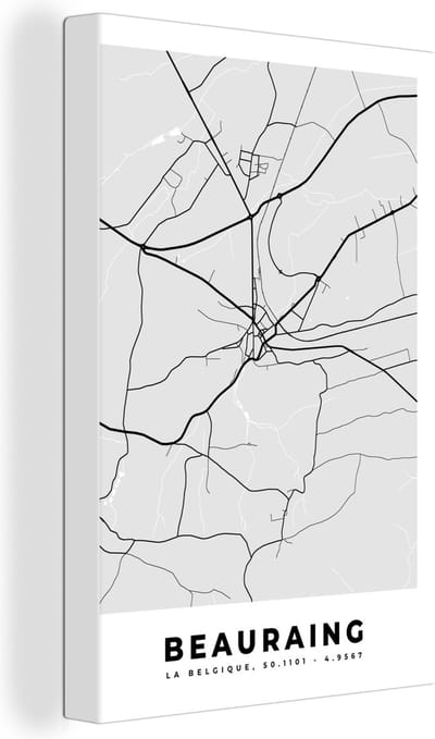 Canvas Schilderij Stadskaart – Plattegrond – België – Zwart Wit – Beauraing – Kaart - 20x30 cm - Wanddecoratie