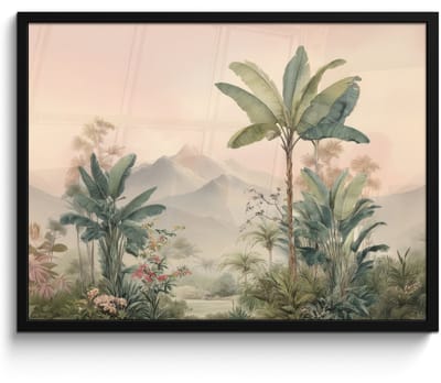 Poster in lijst - Fotolijst 80x60 cm - Posters - Tropisch landschap - palmbomen - Bloemen - Roze lucht - Posterlijst zwart - Decoratie - Wanddecoratie woonkamer - Muurdecoratie slaapkamer