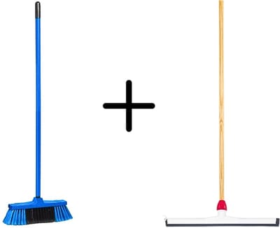 Synx Tools Binnenbezem Blauw + Vloertrekker Kunststof 45cm met Steel 120cm – Zaalveger – Vloerreiniger – Natuurrubber – Zachte bezem met steel 130cm
