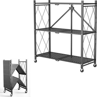 JAQZY Opbergrek - Stellingkast - Opvouwbaar - 3 Laags - Op Wielen - Multifunctioneel Gebruik - Ruimte Besparend - Koolstofstaal