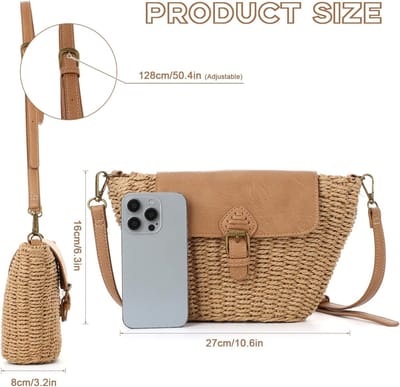 Stro Schoudertas voor dames, zomer, klein, rieten vlechtwerk, rotan mand, tas, chique geweven crossbody strotas voor strand, bruin, Boheems
