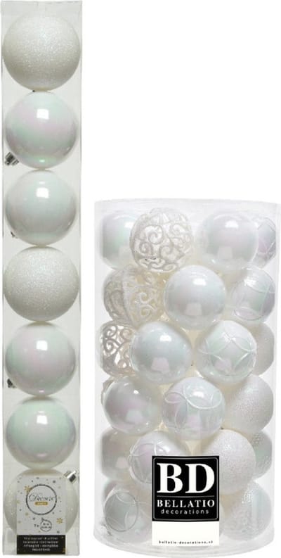 Kerstversiering kunststof kerstballen parelmoer wit 6-8 cm pakket van 51x stuks - Kerstboomversiering