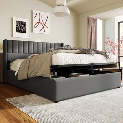 MEUNIQ tweepersoons opbergbed 160x200 cm met hydraulische lattenbodem, gestoffeerd bedframe met opbergruimte, hoofdbord met verticale stiksels, slaapkamer, grijs