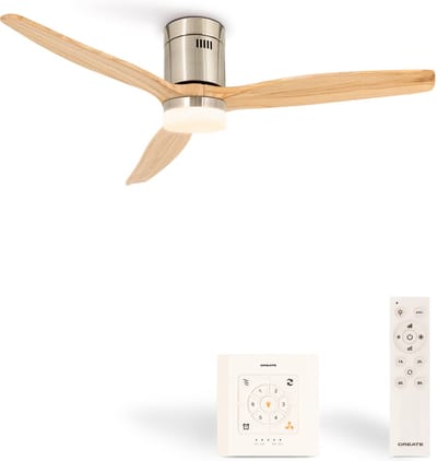 CREATE - Plafondventilator 40W silent Ø132 cm met litch Controller voor wandmontage + afstandsbediening - Niquel Naturel hout - WIND CALM