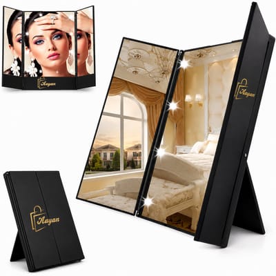 Opvouwbare Make-up Spiegel met LED Verlichting en Standaard – Cosmetische Tafelspiegel met Zijspiegels – Compact Reisformaat Zwart – spiegel met zijspiegels – zwarte spiegel – spiegel met verlichting – verzorgingsspiegel – 90597