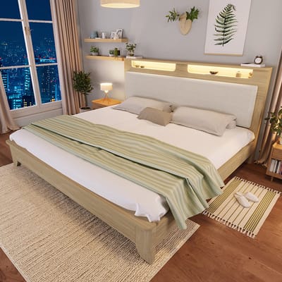 Pugsdrly Houten tweepersoonsbed 140 × 200 cm, hoofdeinde met opbergruimte, ledverlichting en rugleuning bekleed met beige corduroy, bedframe met houten latten, licht eikenhout (zonder matras en bank)