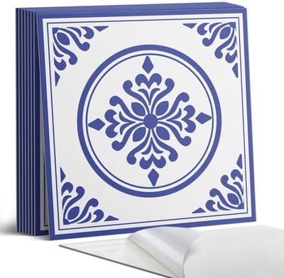 Coloray Plaktegels - Patroon met cirkels en bloemen Portugese Tegels - 30 cm x 30 cm - Blauw Plaktegels - 9 stuks - Vierkant PVC Tegels - Plaktegels Keuken - Zelfklevende Vloertegels - Vinyltegels Vloer Zelfklevend - Zelfklevende Tegels