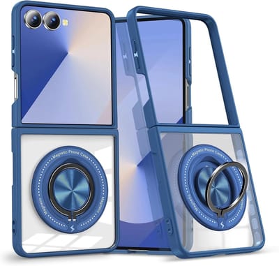 Magsafe Hoesje Geschikt voor Samsung Flip 7 hoesje Blauw Transparant - Met kickstand Draaibare Ring Houder