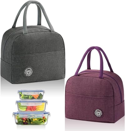 Vouwbare geïsoleerde lunchtas, koeltas, portable lunchbox voor fruit en maaltijden, 23 x 21 x 13 cm, grijs en paars, ideaal als cadeau