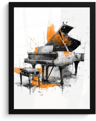 Poster in lijst - Fotolijst 30x40 cm - Posters - Piano - Oranje - Zwart - schets lijnen - Posterlijst zwart - Decoratie - Wanddecoratie woonkamer - Muurdecoratie slaapkamer