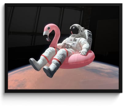 Poster in lijst - Fotolijst 80x60 cm - Posters - Astronaut - Flamingo - Zwemband - Roze - Posterlijst zwart - Decoratie - Wanddecoratie woonkamer - Muurdecoratie slaapkamer